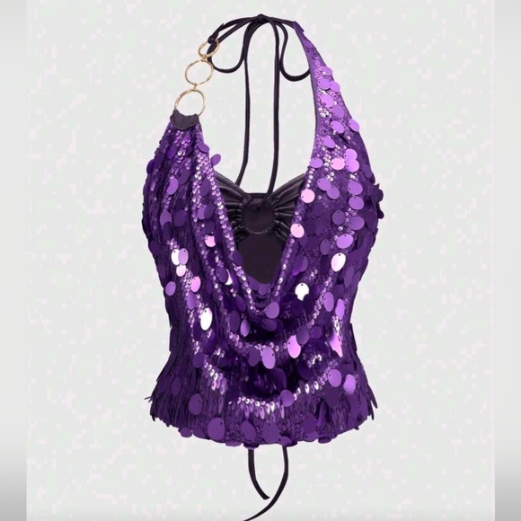 ROMWE Vintage Y2K Sequin Halter Crop Top And Low Waist Mini Skirt 2-Piece Set - Picture 3 of 7